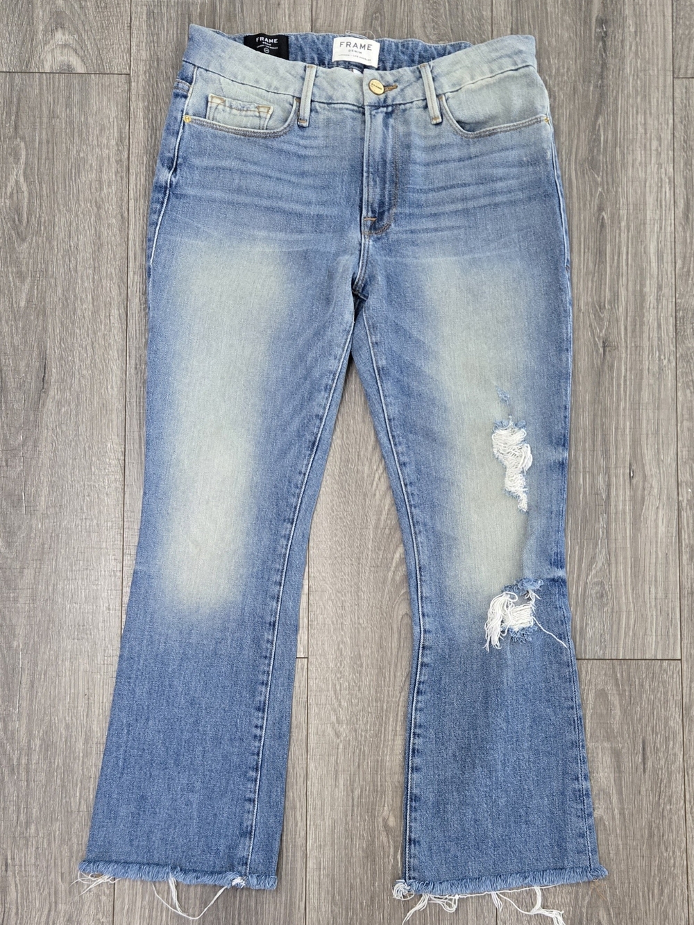 Frame Denim Faded Light Blue Distressed Wide-Leg Jeans